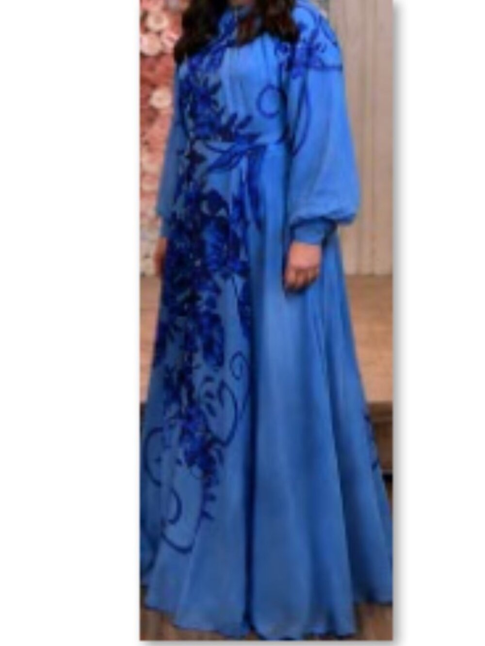 Elegant Raquel blue floral chiffon gown